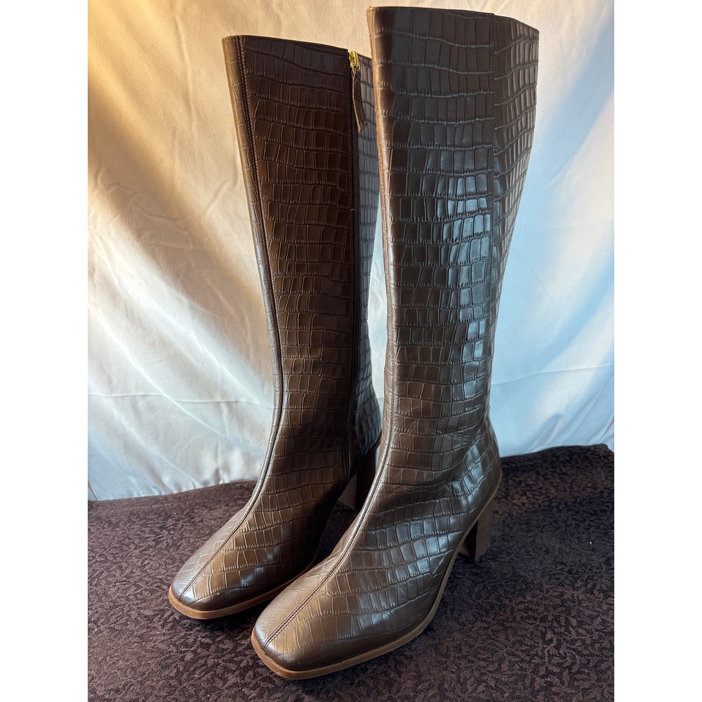 Brown Crocodile Embossed Knee High Block Heel Square Toe Boots Size 12